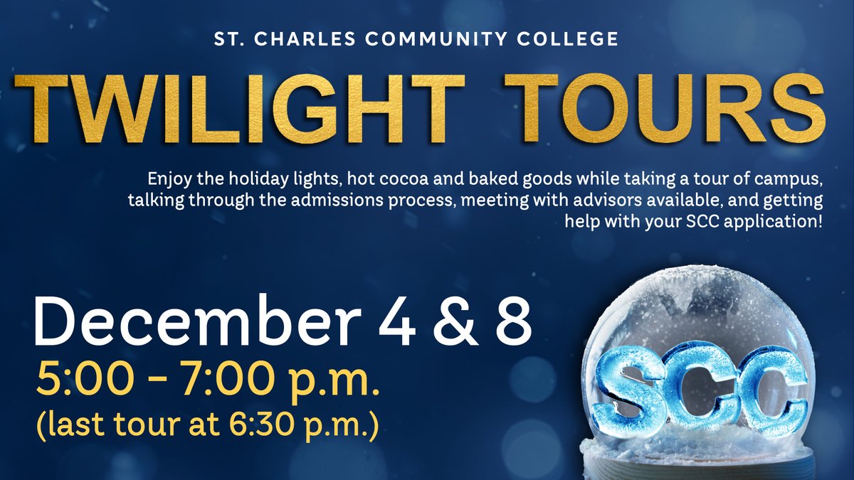 StChasCC's tweet image. ❄️ Join us for SCC&apos;s Twilight Tours on December 4 &amp;amp; 8 from 5:00 - 7:00 pm! Stroll through our beautifully lit campus, sip on hot cocoa, and treat yourself to some delicious baked goods. We’re excited to welcome you! ❄️

#SCC #sccbound