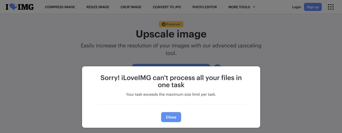 AneettaDavis's tweet image. Trying to upscale an image and the site fails without even telling me the file limit. Bad UX! I had to try thrice with different file sizes to finally get the size right @iloveimg_com
