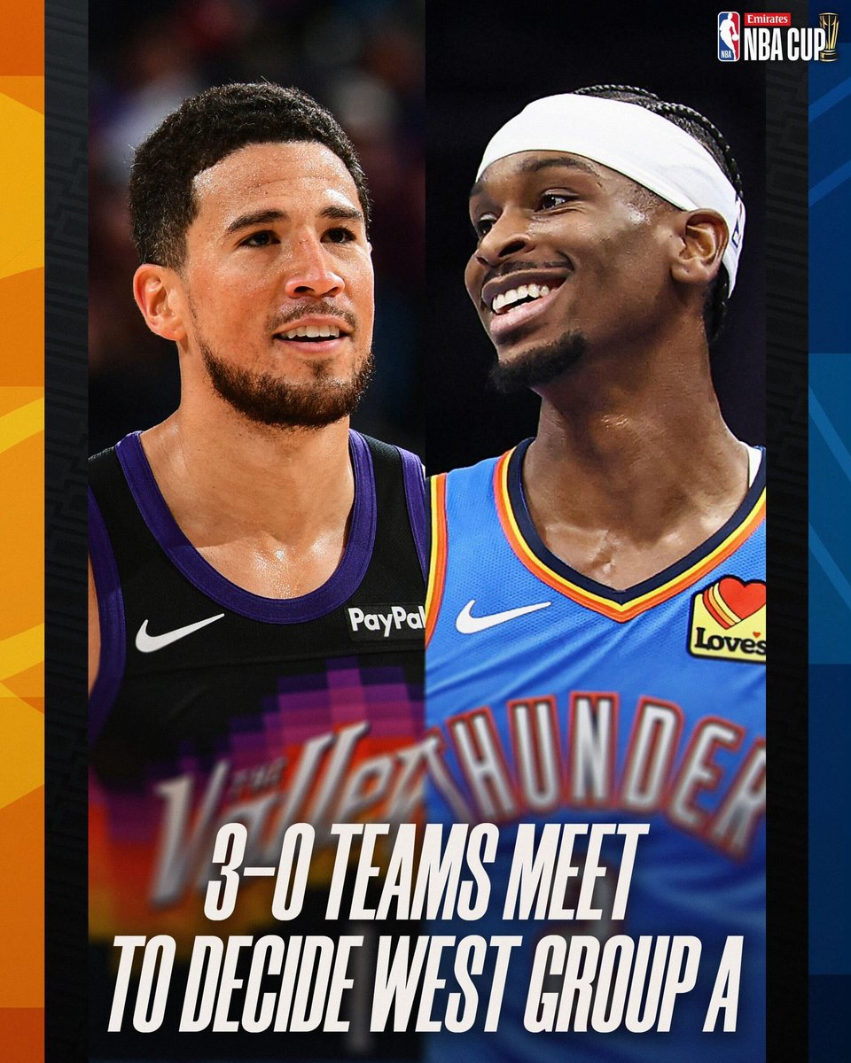 3-0 PHX. 3-0 OKC.
Final night of Group Play.
Winner takes West Group A!
Devin Booker and the Suns visit Shai Gilgeous-Alexander and the Thunder tonight as both teams look to advance to the Knockout Rounds.
Don’t miss this @emirates NBA Cup action at 9:30pm/et on NBA League