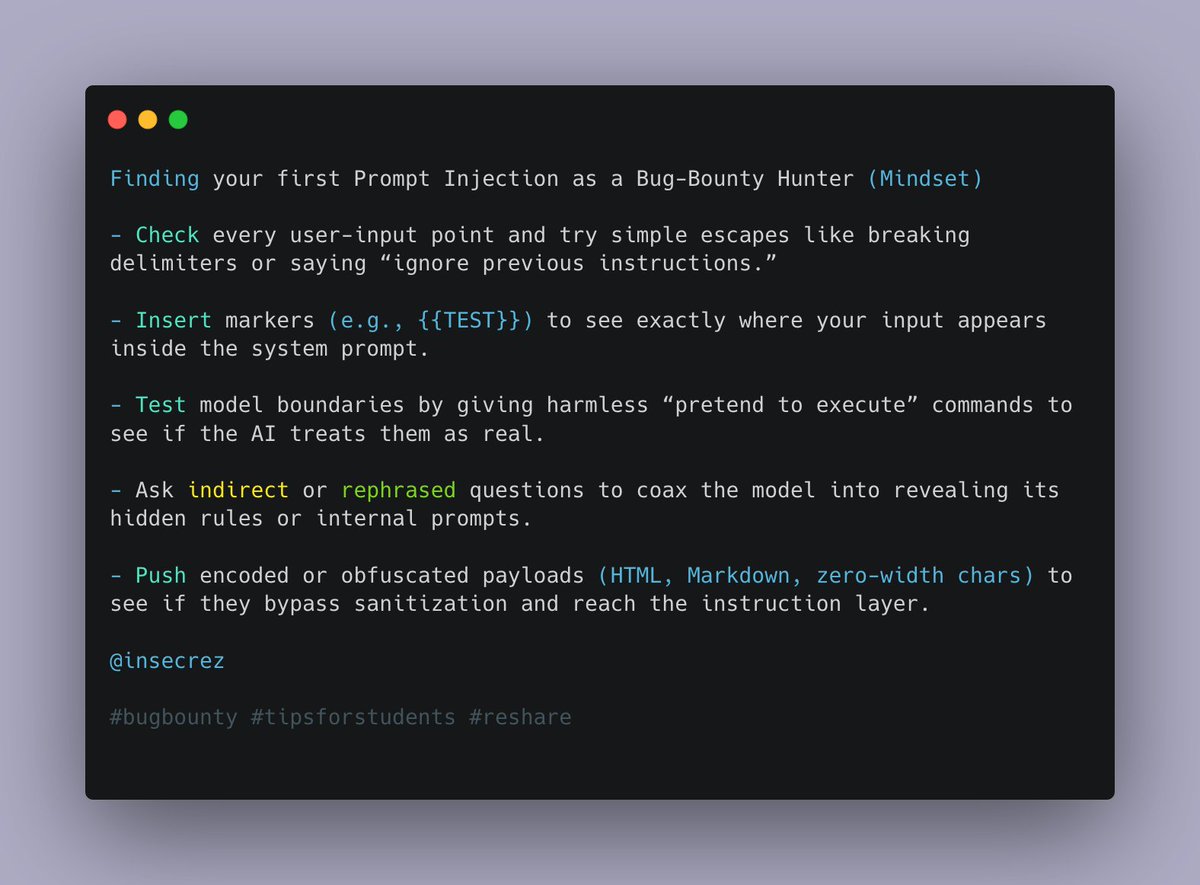 insecrez's tweet image. Find your first Prompt Injection (Mindset)
.
.
#bugbountytip #tipsforapplying #Tweet