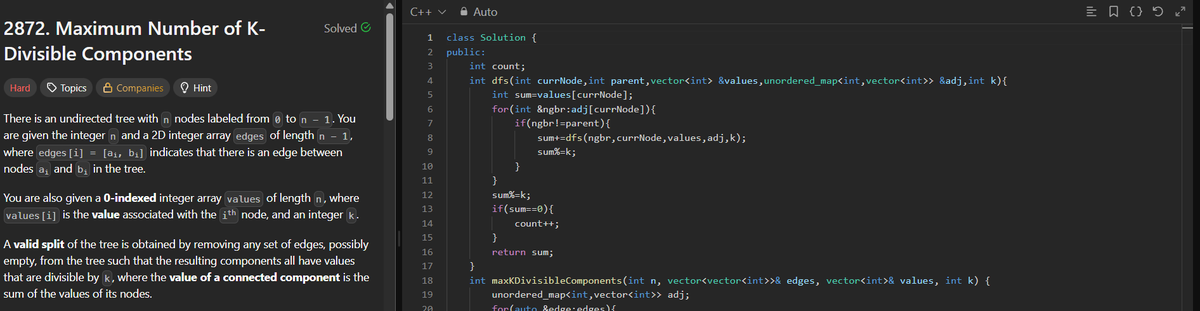 VishwanshK's tweet image. Day 99 of 100 Days of Code: 
LeetCode: POTD Streak: 17 
2872. Maximum Number of K-Divisible Components
#LearnInPublic #100DaysOfCode #LeetCode #DSA #LeetCodeDaily