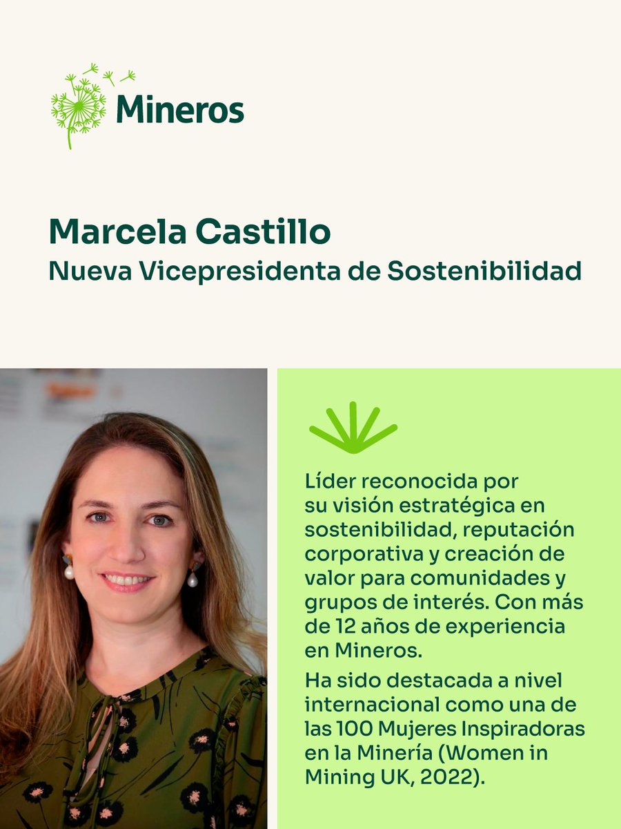 Mineros_sa's tweet image. Marcela Castillo asume como Vicepresidenta de Sostenibilidad, consolidando el enfoque humano y estratégico con el que Mineros impulsa su gestión social y ambiental. 🌿✨

#Mineros #Sostenibilidad #Liderazgo