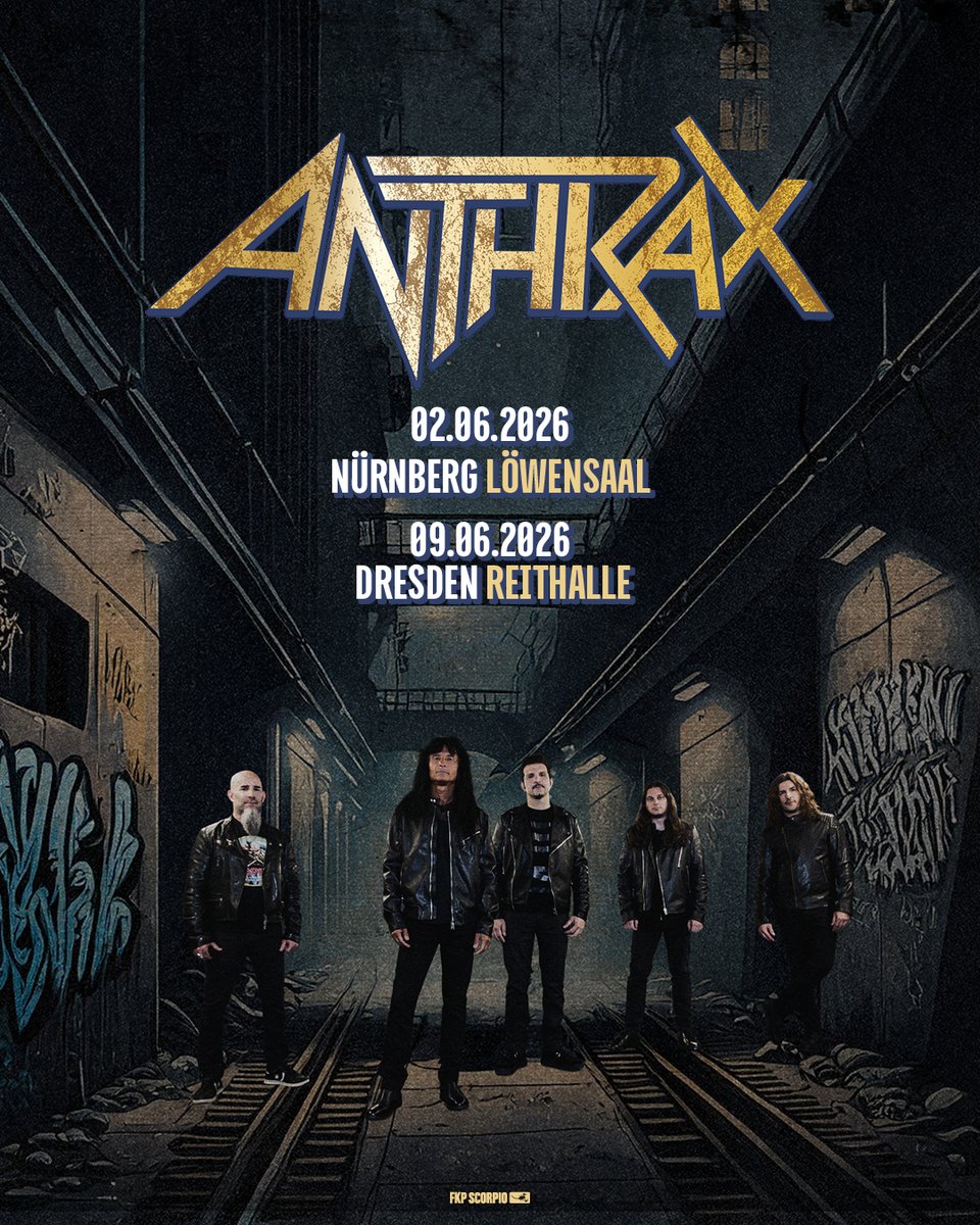 Anthrax's tweet image. GERMANY!🇩🇪 - Anthrax returns in 2026 with 2 special headline shows NÜRNBURG AND DRESDEN - Tickets go on sale Friday 1st DEC at 11.00AM CET.

Head to ANTHRAX.COM FOR TICKET INFO