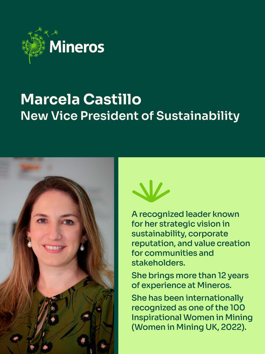 Mineros_sa's tweet image. Marcela Castillo assumes the role of Vice President of Sustainability, strengthening the human-centered and strategic approach that guides Mineros in its social and environmental management. 🌿✨

#Mineros #Sustainability #Leadership