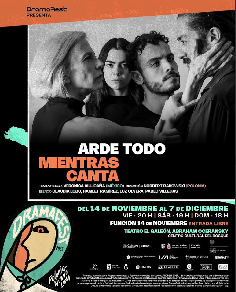 En el marco del #DramaFest se presenta “Arde todo mientras canta” del director polaco Norbert Rakowski y un excelente elenco Claudia Lobo <a href="/Hamletramirez/">Hamlet Ramírez</a> Luz Olvera y Pablo Villegas en el Teatro El Galeon. #PasesDobles para HOY viernes. Solo RT+ Nombre 7:30