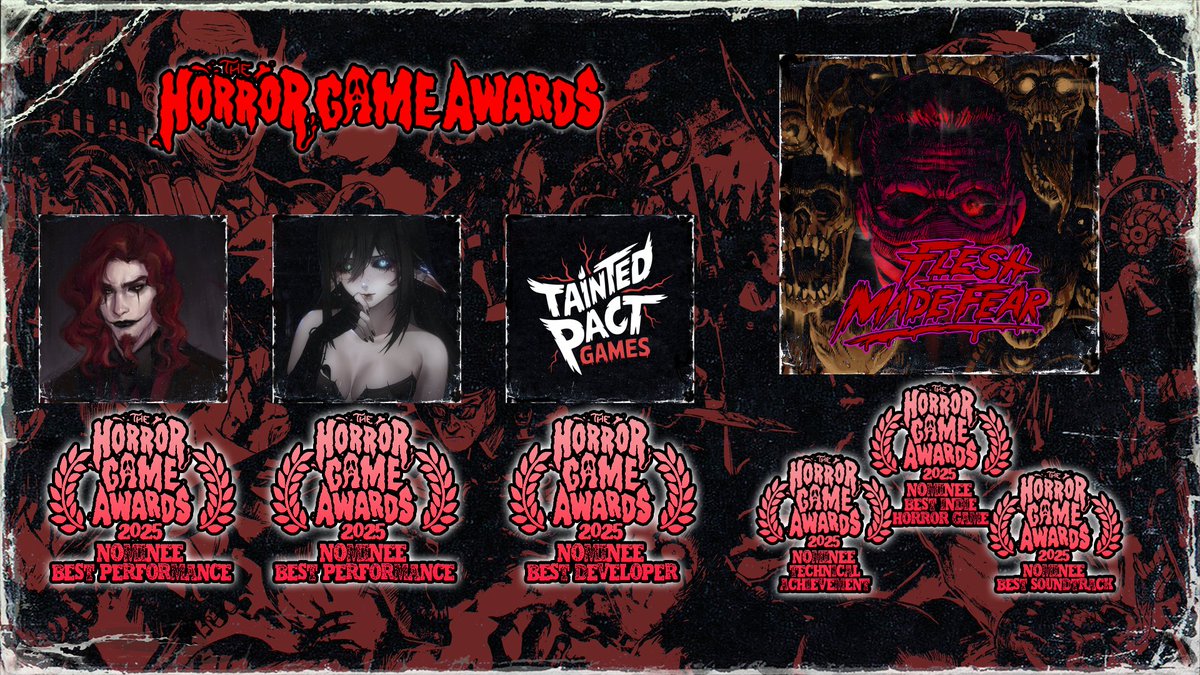 Public voting for the <a href="/HorrorGameAward/">The Horror Game Awards</a> is now live!
Flesh Made Fear got multiple nominations. <a href="/LaynaLazar/">Layna💉🩸</a> and <a href="/RJGreenVA/">RJ Green</a> for best performance, and me for best indie developer! Please take a minute and go vote for us and maybe share this post 👉👈🥹

Link👉tinyurl.com/553u4dv9