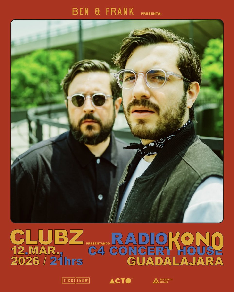 Setlist_me's tweet photo. #NuevoShow

Clubz @CLUBZCLUBZ viene a Guadalajara este 12 de Marzo en el C4 Concert House 

Boletos a la venta a partir del Lunes 01 de Diciembre a través de Sistema TicketNow.

Presentado por: @acto_live
@ApodacaGroup 
Ben &amp; Frank https://t.co/VpRKeMgq6J