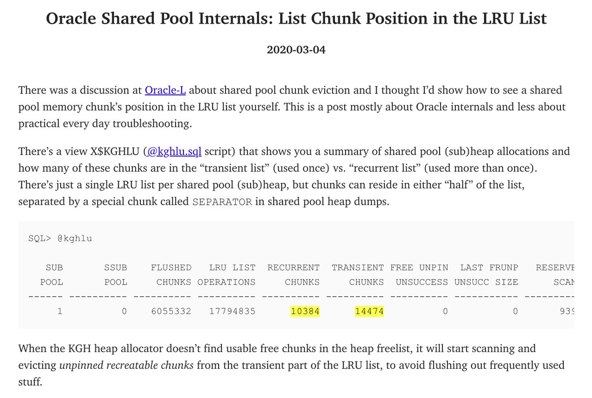 TanelPoder's tweet image. (3 days left until the end of Black Friday Sale of my online training courses!)

Also, an old post for Oracle nerds: 

&quot;Oracle Shared Pool Internals: List Chunk Position in the LRU List&quot;

tanelpoder.com/posts/oracle-s…