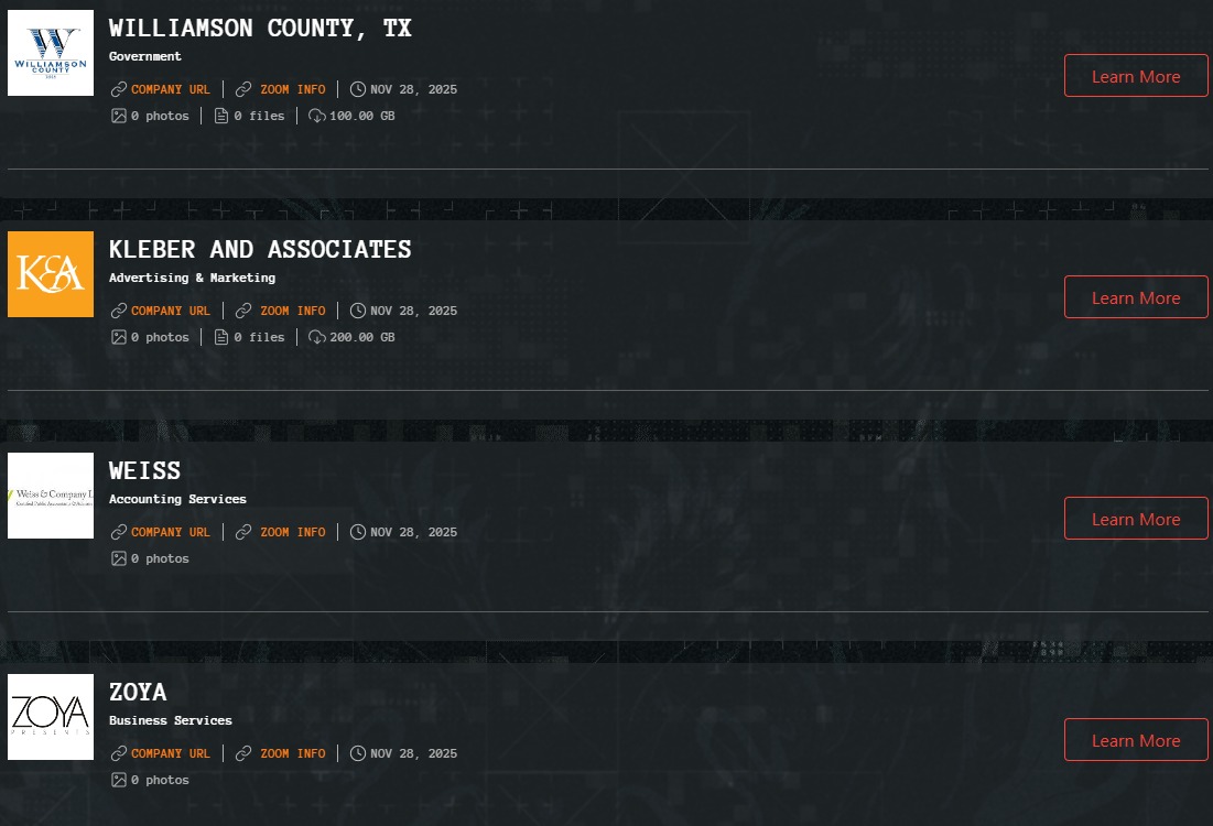 FalconFeedsio's tweet image. 📢 Ransomware Alert :

Qilin ransomware group has added 4 unknown victims to their dark web portal.

• Williamson County 🇺🇸
• Kleber &amp;amp; Associates 🇺🇸
• Weiss &amp;amp; Company LLP 🇺🇸
• Zoya🇺🇸
