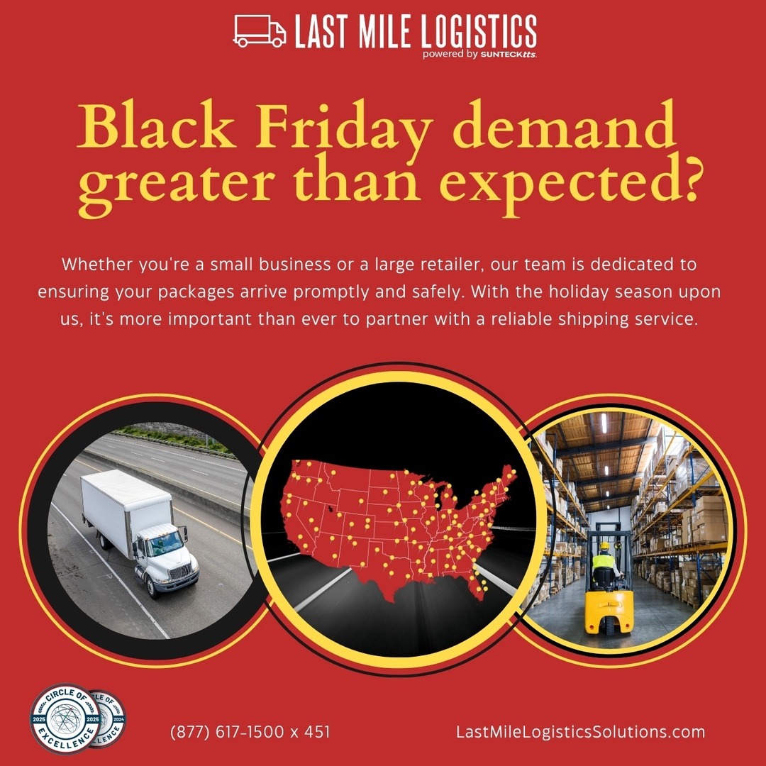 LastMileSUNTECK's tweet image. If your Black Friday demand is bigger than expected, we’ve got you covered. 🖤🚛

At Last Mile Logistics, we specialize in scaling fast  so you can meet surging orders without missing a beat. ⚡

#BlackFridayReady #LastMileLogistics #ScalableSolutions