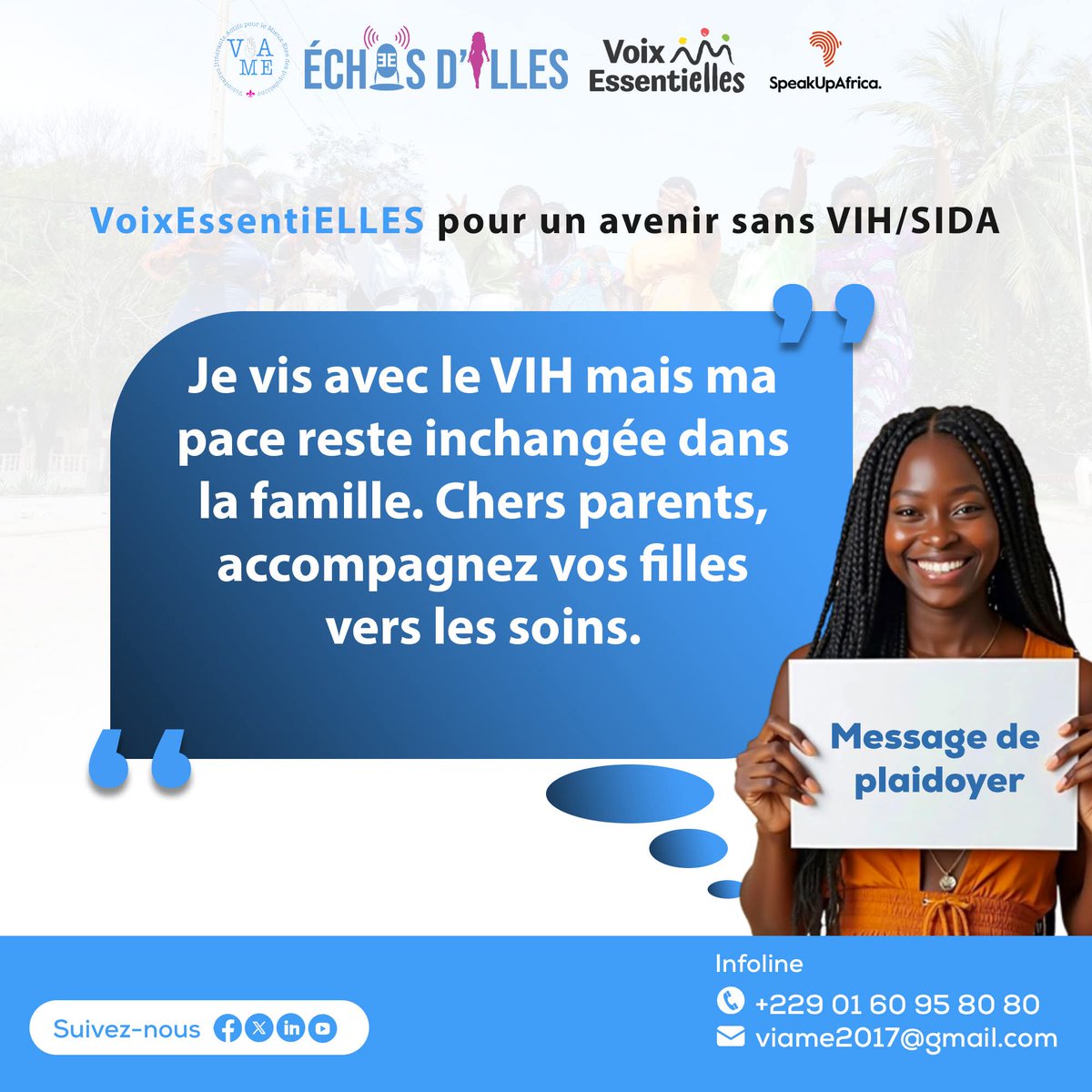 ViaMe8's tweet photo. #EssentiELLES | Zero stigmatisation VIH

« Je vis avec le VIH, mais ma place reste la même dans ma famille. »
Parents : votre soutien guide vos filles vers les soins — et vers l’espoir.
#VoixEssentiELLES #StopStigmatisationVIH #VIH #Famille https://t.co/S9HyDy29OZ