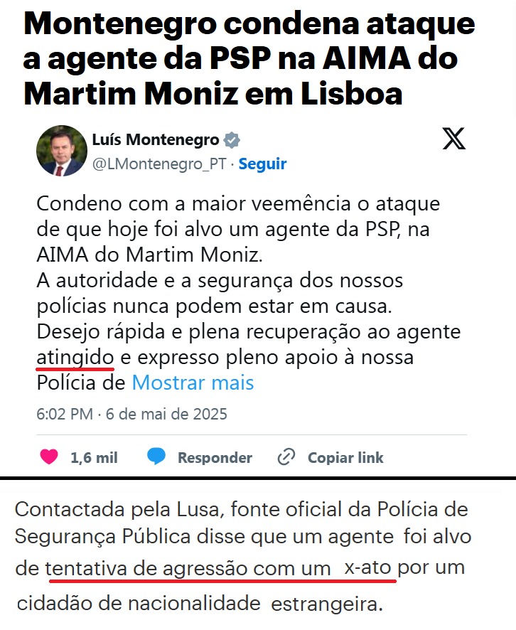 Quando um imigrante ameaça um agente da autoridade com um x-ato, a reação é imediata, indignada e até se desejam melhoras ao agente, mesmo que o agente não tenha sido tocado.
Mas o silêncio é TOTAL quando uma dezena de agente da autoridade é detida por suspeita de formar uma