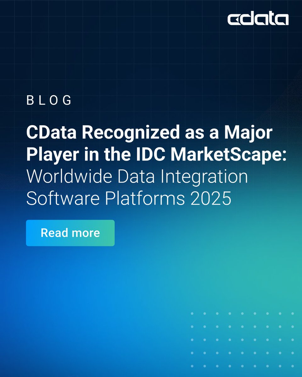 cdatasoftware's tweet image. Data fuels #AI — and we make data access simple.

CData is proud to be named a Major Player in the 2025 @IDC MarketScape for #DataIntegration! See how the #CDataPlatform unifies data for intelligence, automation &amp;amp; growth: bit.ly/4ouexD3