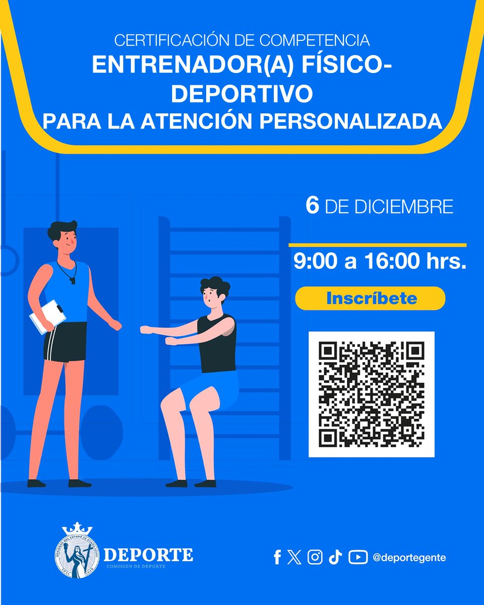Certificación "Entrenador(a) Físico-deportivo para la atención personalizada"
📍BLvd. Las Torres; Multidisciplinario León 1 León, Gto.
📆06 de Diciembre 🕙09:00-16:00 hrs
Convocatoria:
🌐 codegto.gob.mx/.../10/ENTRENA…
Registro:
📃 forms.gle/PQnc2VQA8UDP59…
