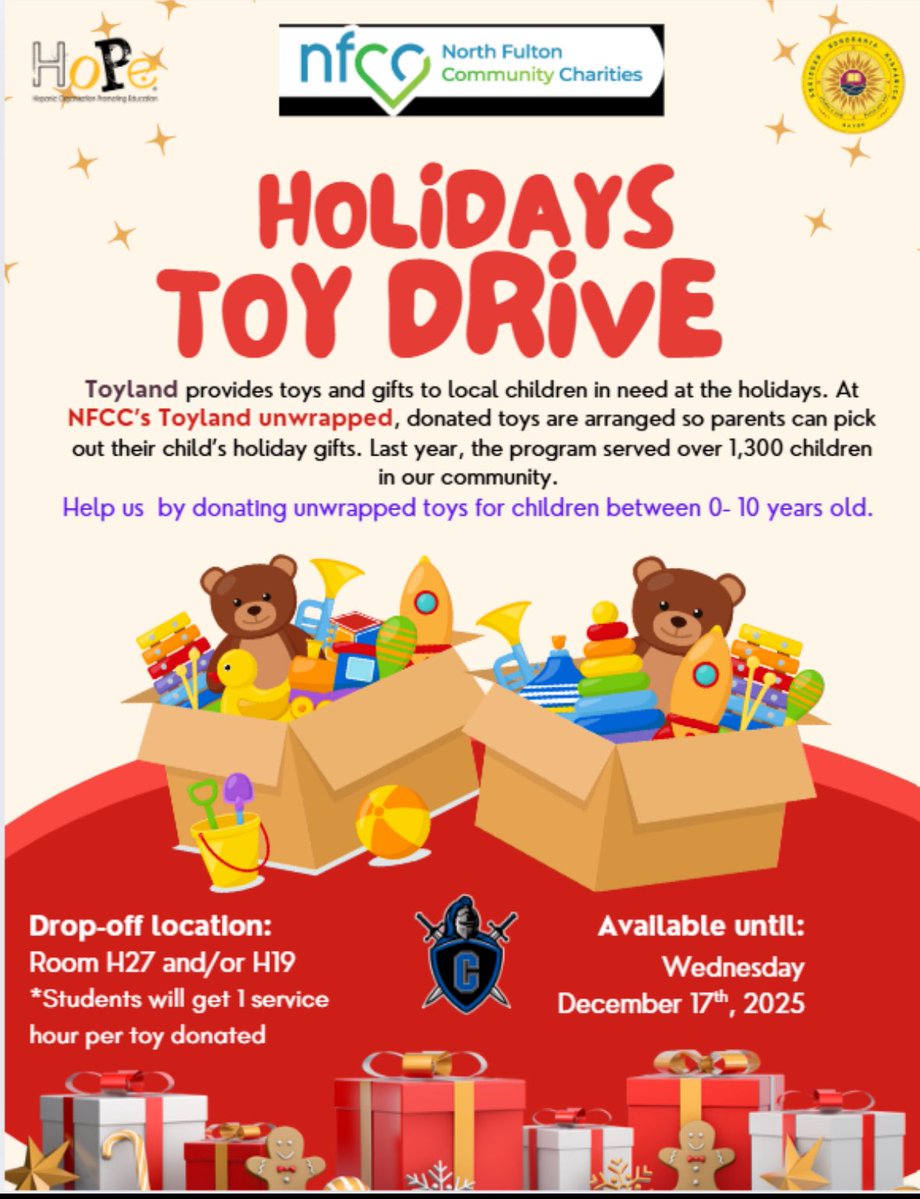 CHSWLanguage's tweet image. Hispanic Honor Society and HoPe Club are hosting a toy drive this holiday season! Help us spread joy and make a difference in our Roswell community. 🎁✨