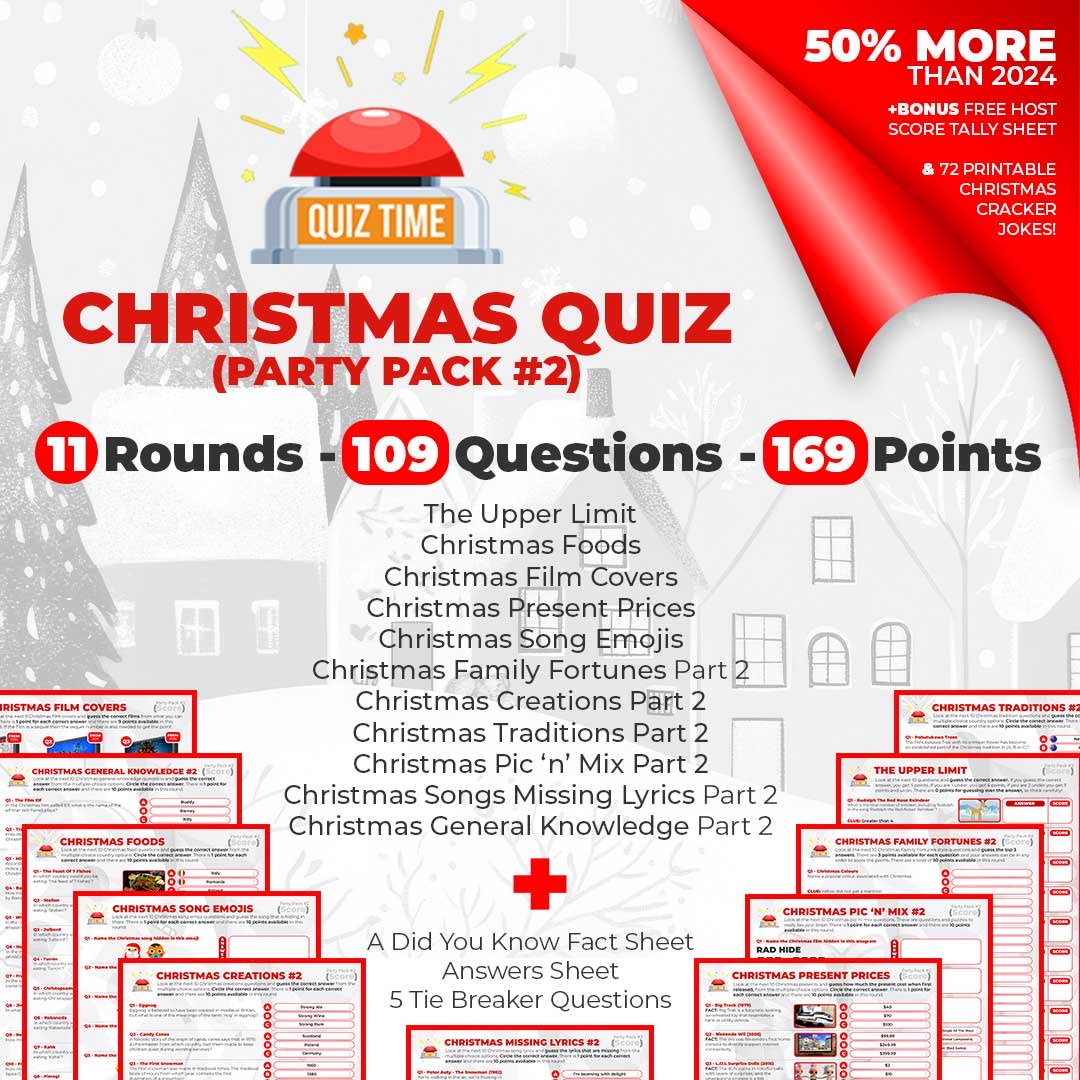 QuizTimeUK's tweet image. Christmas Variety Quiz 2

11 Rounds | 109 Questions | 169 Points

Want an exciting Christmas quiz for your family &amp;amp; friends?  Over 50 hours of research &amp;amp; design has gone into this, to make it as fun as possible &amp;amp; visually pleasing  on the eye too.

 quiztimeuk.etsy.com/listing/183485…