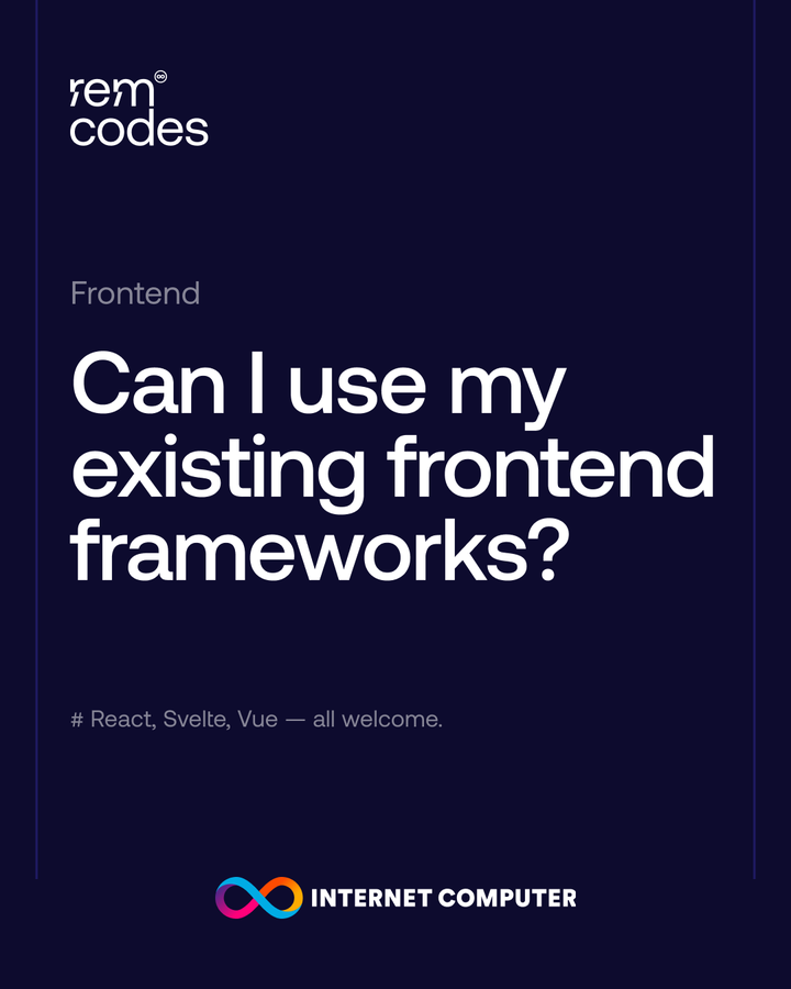 ai__icp's tweet image. Can you use your favorite frontend frameworks like React, Vue, or Next.js on the Internet Computer? Absolutely! Your existing workflow fits perfectly. As @rem_codes notes, same awesome tools. 🙌

Build your app, generate your dist/ folder, then deploy directly to an $ICP canister…