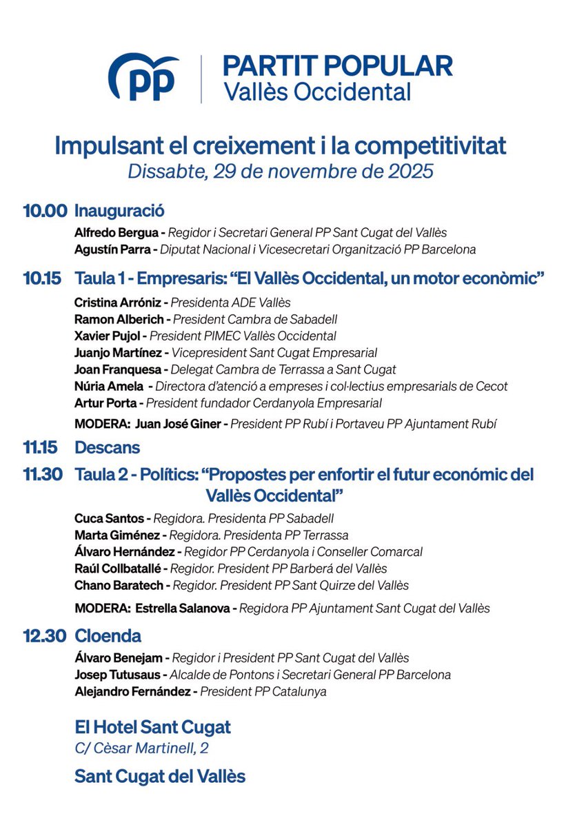Cucasn's tweet image. 📣 Demà participaré a la jornada “Vallès Occidental: impulsant el creixement i la competitivitat” a Sant Cugat.
Intervindré a la taula política parlant sobre formació i ocupació, un dels principals reptes de la nostra comarca.

Ens hi veiem! 💙

#VallèsOccidental #PartitPopular