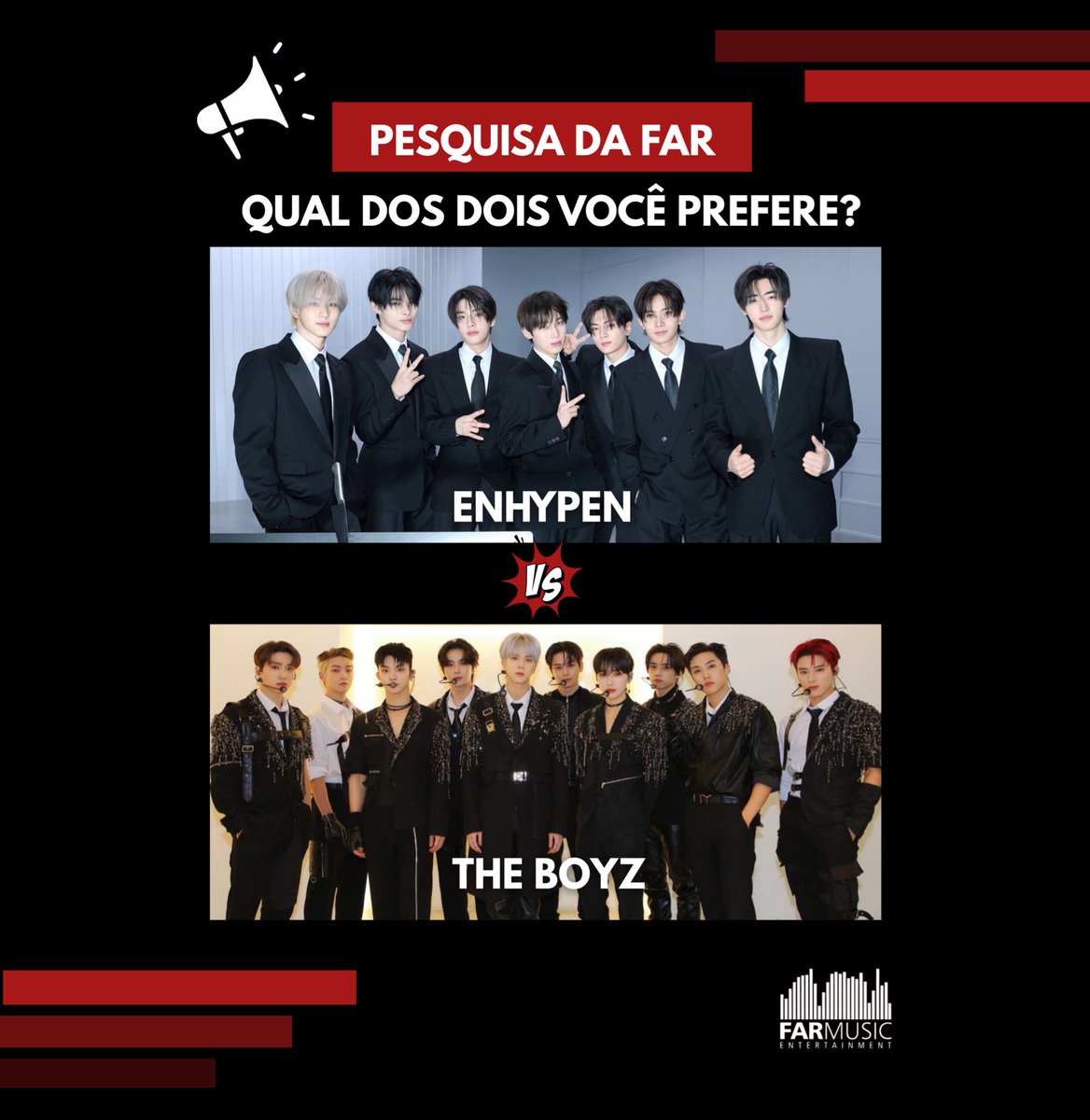 farmusicent's tweet image. 🔊2026 está chegando e queremos ouvir os fãs de K-POP!

Qual desses artistas você gostaria de ver no Brasil no próximo ano?🇧🇷

Enhypen - CURTE

The Boyz - RT