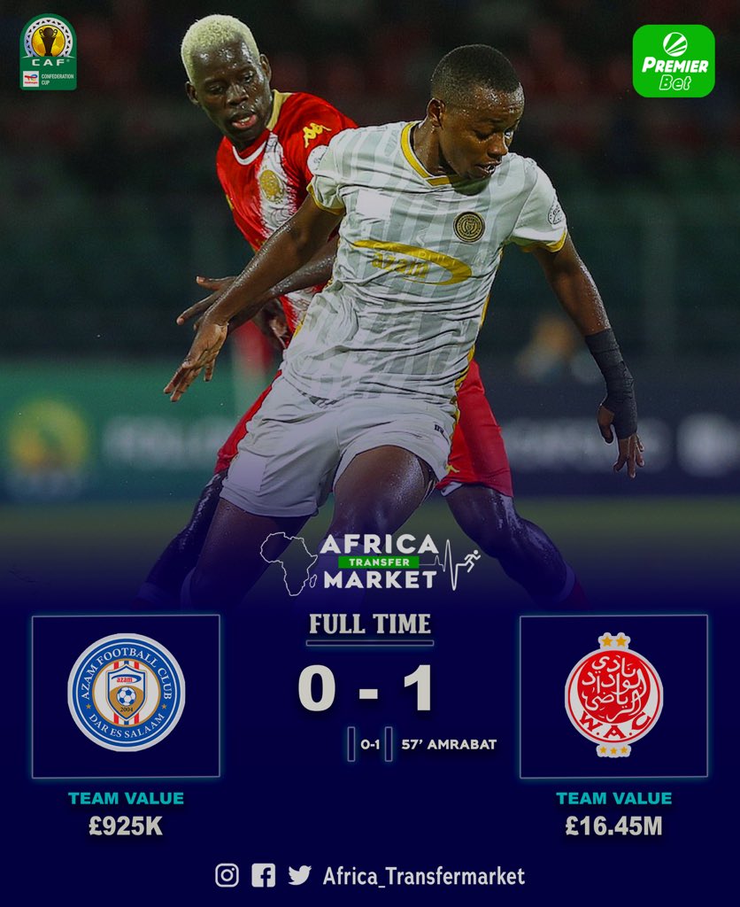 FT: Azam FC 0 vs 1 Wydad AC

Powered by @premierbettz 

#africatransfermarket #africatransfermarketchallenge #africa #africatransfer #africaupdate #africatransfersnews #africanfootball #cafcc #cafconfederationcup