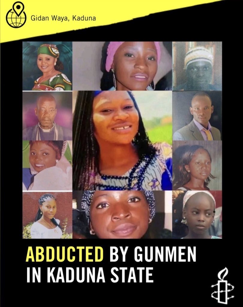 AmnestyNigeria's tweet photo. Time is running out, and the Nigerian authorities must do more to ensure safe and secure rescue of the 12 persons abducted by gunmen at Gidan Waya Lere Local Government Area of Kaduna State, in an attack in which 4 people were killed. Among those abducted are minors of 13, 14 and 15-years old. 

Abductors usually subject the victims to horrific atrocities, including torture, deprivation of food and water, and rape of women and girls. Families of the victims have been left in the anguish of not knowing the fate of their loved ones for 18 days. 

The attack which took place in the night of 11 November 2025 — is yet another indication of the stunning failure of the Nigerian authorities to protect lives and ensure accountability for all human rights crimes.