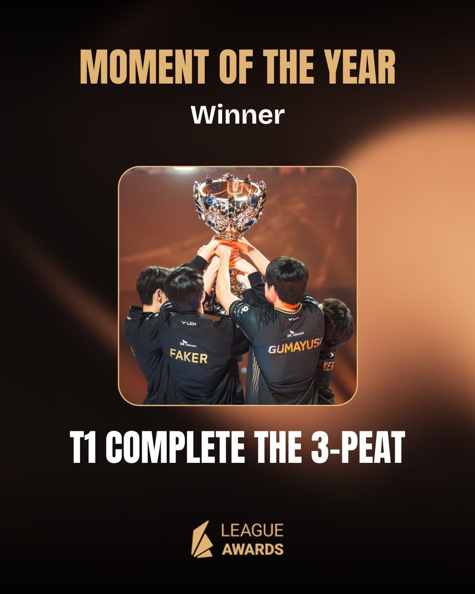 LCK_FR's tweet image. [Awards] Le 3ème sacre consécutif de T1 reçoit le titre de moment de l'année au League Awards