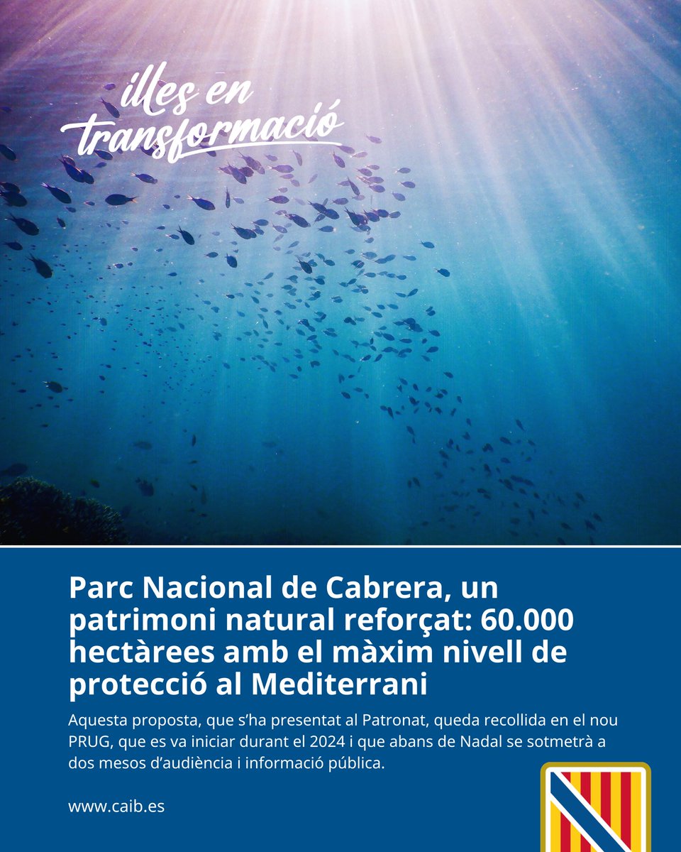 🌊 Consolidam #Cabrera com la major àrea de protecció estricta del #Mediterrani: 60.000 hectàrees gestionades amb rigor científic i amb la conservació com a prioritat.

🐟 Continuam amb l’objectiu d’enfortir la preservació dels ecosistemes marins sensibles, afavorir la