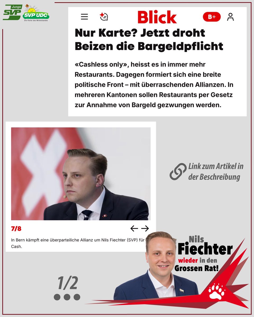 «In den letzten Jahren ist zu beobachten, dass immer mehr im #Gastgewerbe tätige Betriebe und Veranstalter Bargeldzahlungen verweigern und ausschliesslich elektronische oder digitale Zahlungsmittel akzeptieren», so Nils Fiechter.

Artikel: blick.ch/politik/cash-f…