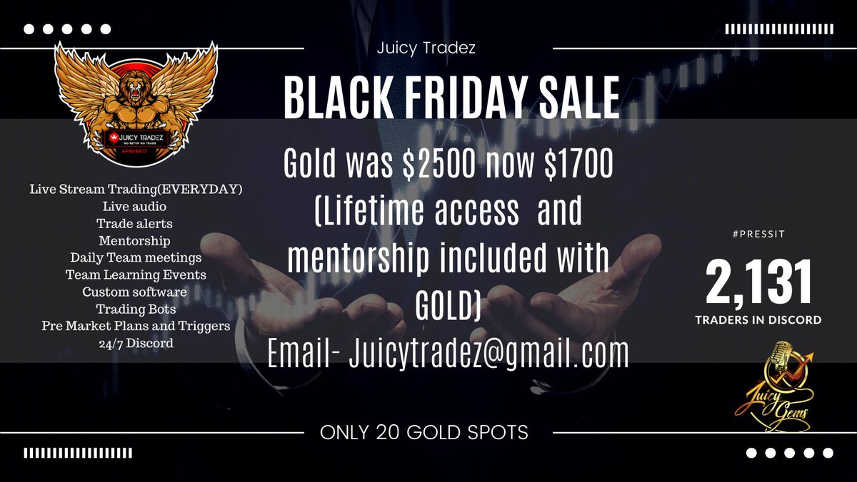 RealJuicyTradez's tweet photo. 🔥 BLACK FRIDAY SALE 🔥
Only 20 GOLD spots.
Get:
• Daily live streams
• Trade alerts
• Full LPS course
• TRIL execution model
• Private indicators
• 24/7 community + mentorship
GOLD was $2500 ➜ Now $1700
📩 Email: JuicyTradez@gmail.com
Level up before 2025. #PressIt 🚀 https://t.co/SvYK57Ym8I