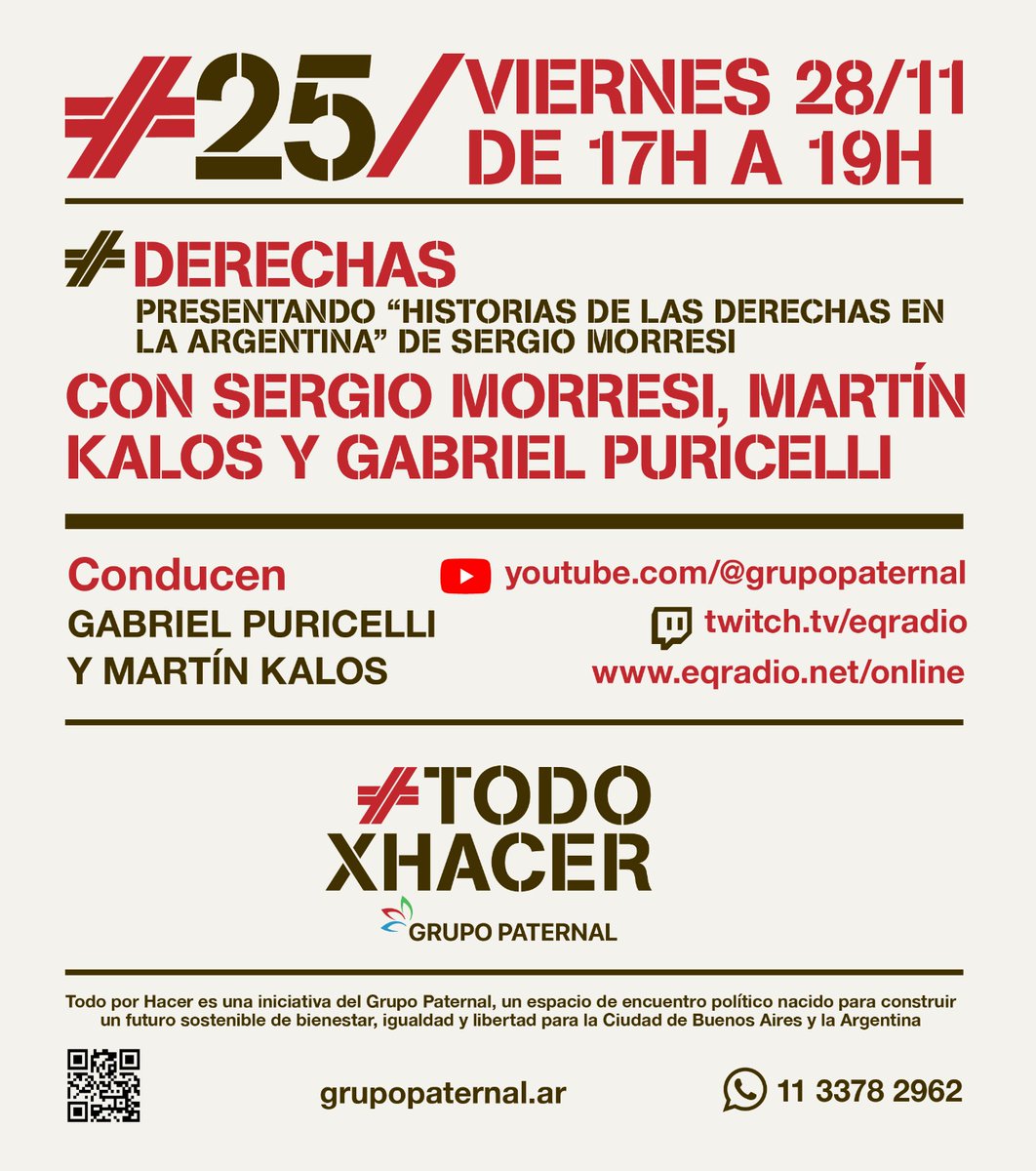 Hoy en #TodoxHacer de <a href="/Grupo_Paternal/">Grupo_Paternal</a> hablamos de las derechas en Argentina.
Sergio Morresi presenta su nuevo libro junto a <a href="/martinkalos/">Martín Kalos</a> y <a href="/SoyPuri/">Xi Pi-wai</a>
Una conversación clave para entender cómo se reconfiguran las fuerzas políticas hoy.
En vivo 17 h por youtube.com/@grupopaternal