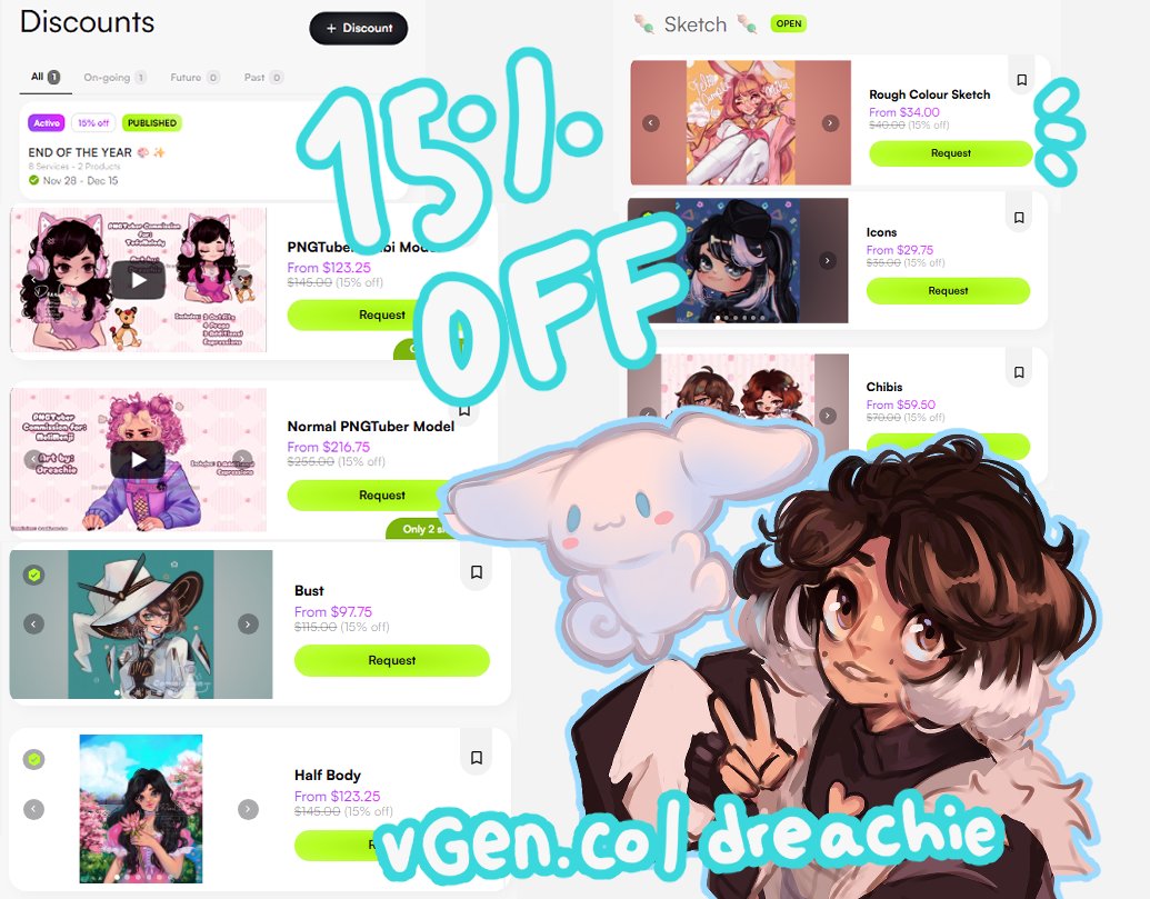 Aye I'm having a Black Friday sale discount at my #VGen 🩷✨ With 15% OFF in some of my commissions services (｡･∀･)ﾉﾞ

This will run until December 15th if you're interested to check it out 🩷 #VGenComm #vgenartist  vgen link below⬇️