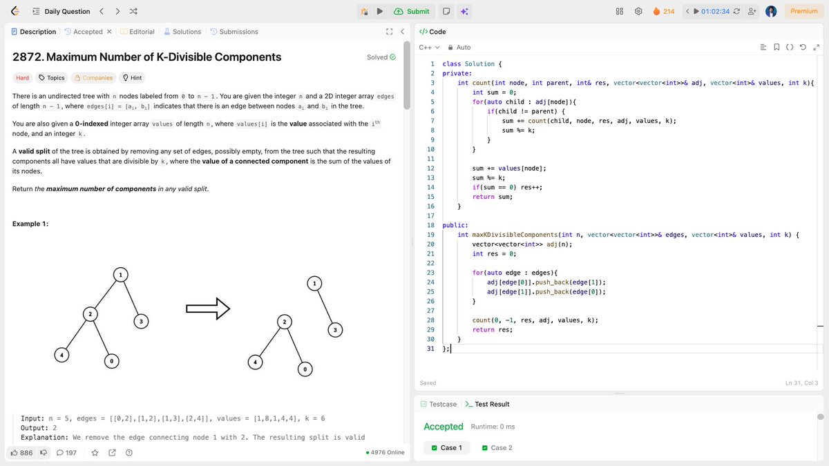 me_sajeeb's tweet image. 🌳 LeetCode: Max K-Divisible Components ✅

Tree DFS with greedy splitting! When subtree sum%k==0, split it off. Maximize components!

⚡ O(n) post-order DFS 
🎯 Greedy = optimal 
💡 Track sum%k only

#LeetCode #CPlusPlus #TreeDP #100DaysOfCode