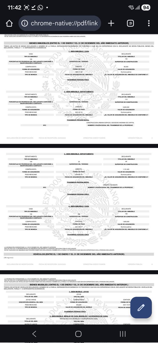💼 EL PATRIMONIO DE GODOY ENTRA A LA DISCUSIÓN

Mientras Ernestina Godoy asume como encargada de despacho de la FGR, resurgen datos incómodos: en su última declaración patrimonial reportó la compra de un departamento de 5 millones y muebles y joyas por 1.1 millones durante el