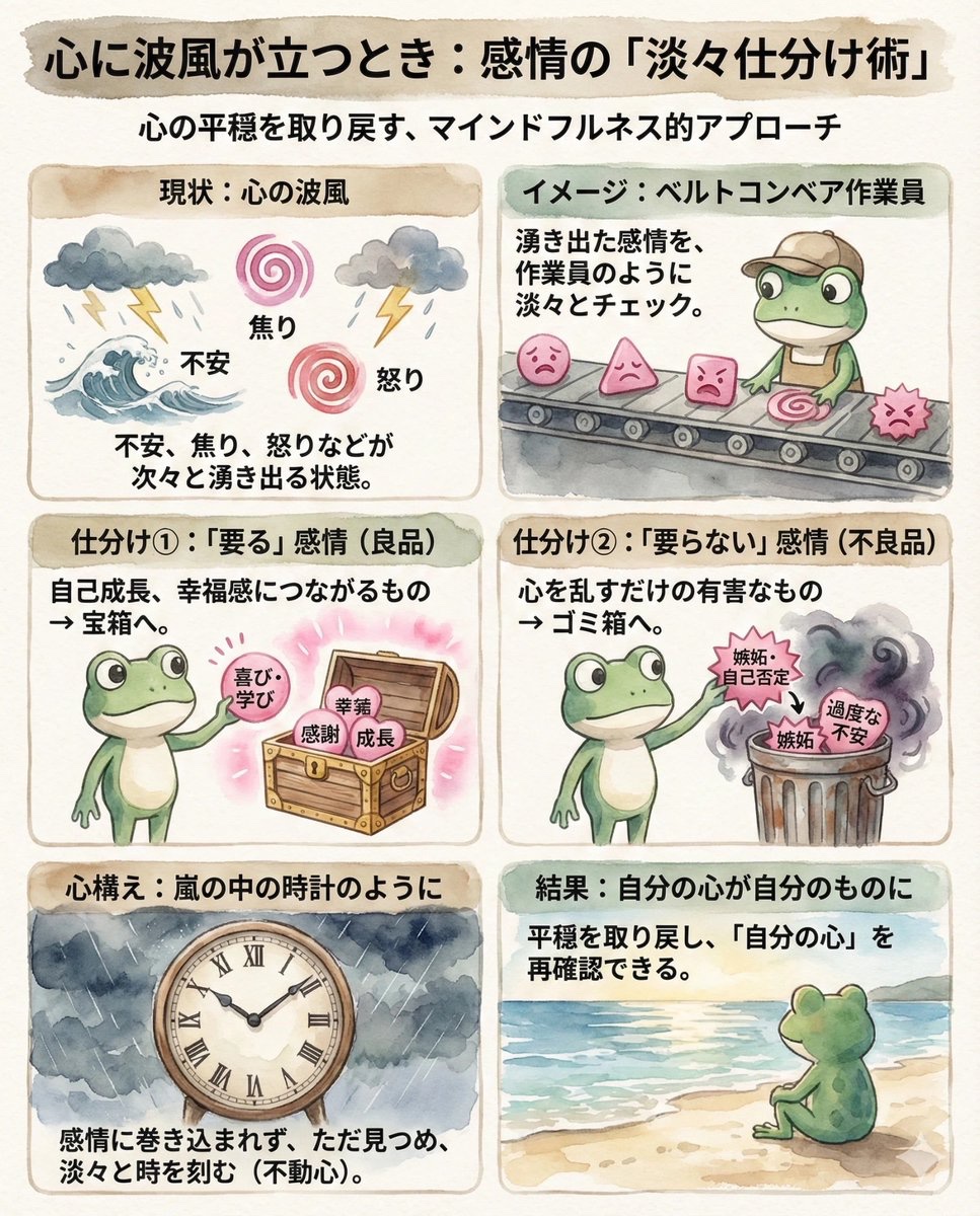 ratta_tw's tweet photo. 心に波風が立つとき。ベルトコンベアで運ばれてくる良品と不良品を仕分ける作業員をイメージ。湧き出た感情を「これ要る」「これ要らない」と淡々と宝箱orゴミ箱へ振り分けてくのがおすすめです。嵐の中の時計のように淡々と。そうして関わることができれば自分の心が自分のものだったと思い出せる。 https://t.co/RdTUNWEsPc