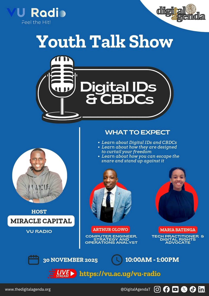 Isaiahmiracle15's tweet photo. *This Sunday!!!*,
Catch Us As We Talk about Digital Ids and Governments Pushing for *Digital Currencies* use as their national coins …what impacts do these have on netizens?
@DigitalAgendaT @arthurmarshal5 @mariemay2818 #youthtalk https://t.co/Dbpv9XuBzb