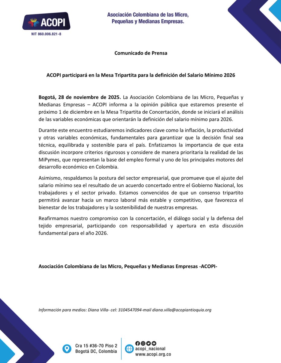 ACOPI informa a la opinión pública que estaremos presente el
próximo 1 de diciembre en la Mesa Tripartita de Concertación, donde se iniciará el análisis de las variables económicas que orientarán la definición del salario mínimo para 2026.