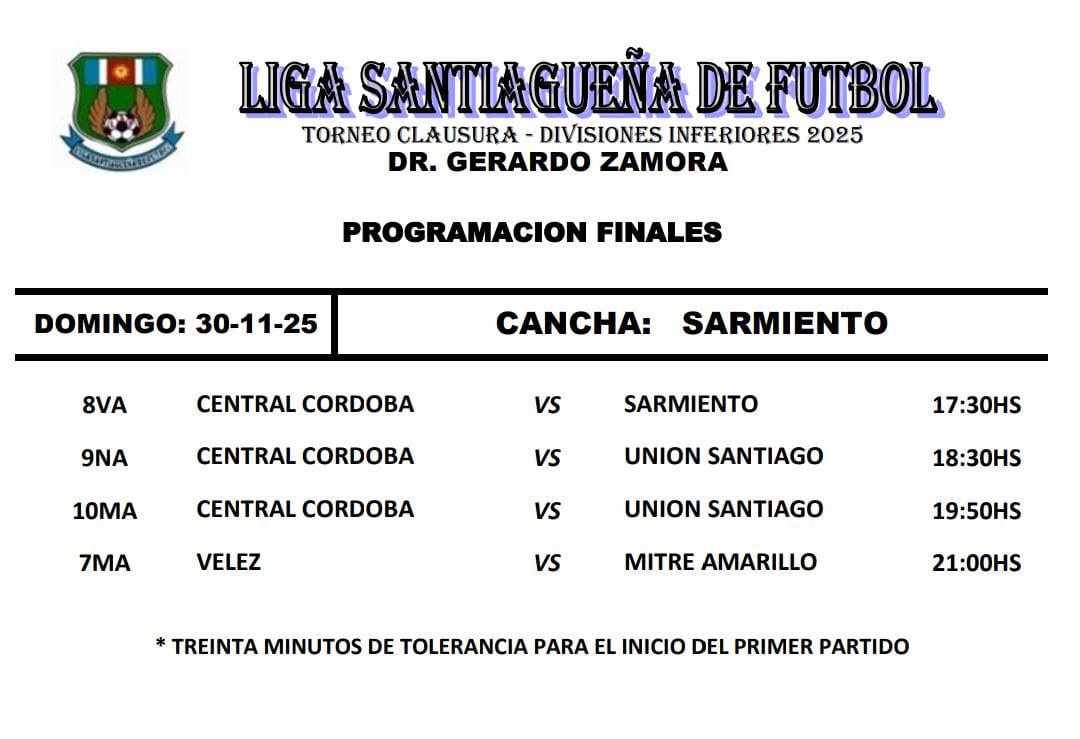 #InferioresLSF⚽️🏃‍♂️🏆 
#LasFinales

>>> El próximo domingo 30/11 se jugarán "Las Finales" del Torneo Clausura 2025 de Divisiones Formativas, bajo organización de la Liga Santiagueña de Fútbol, y la siguiente programación: