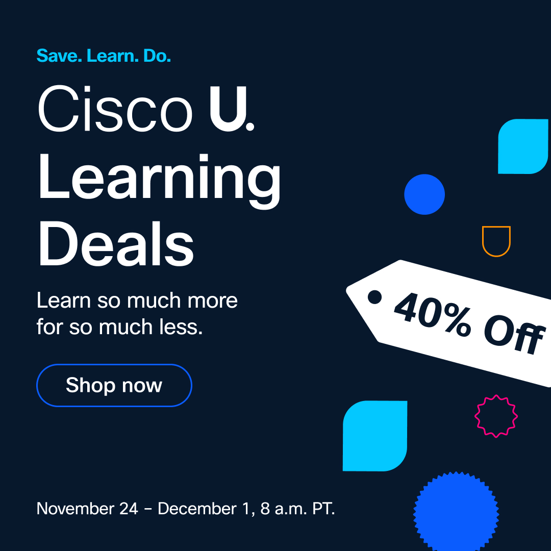 LearningatCisco's tweet image. Only 3 days left to save 40% on:
✅ Cisco U. Essentials
✅ AI Learning Paths
✅ CCNA Certification Bundle

Plus, Cyber Monday Doorbusters start on Monday at 8 a.m. Pacific Time!

Shop Cisco U. Learning Deals: cs.co/60177tD2X

#CCNA