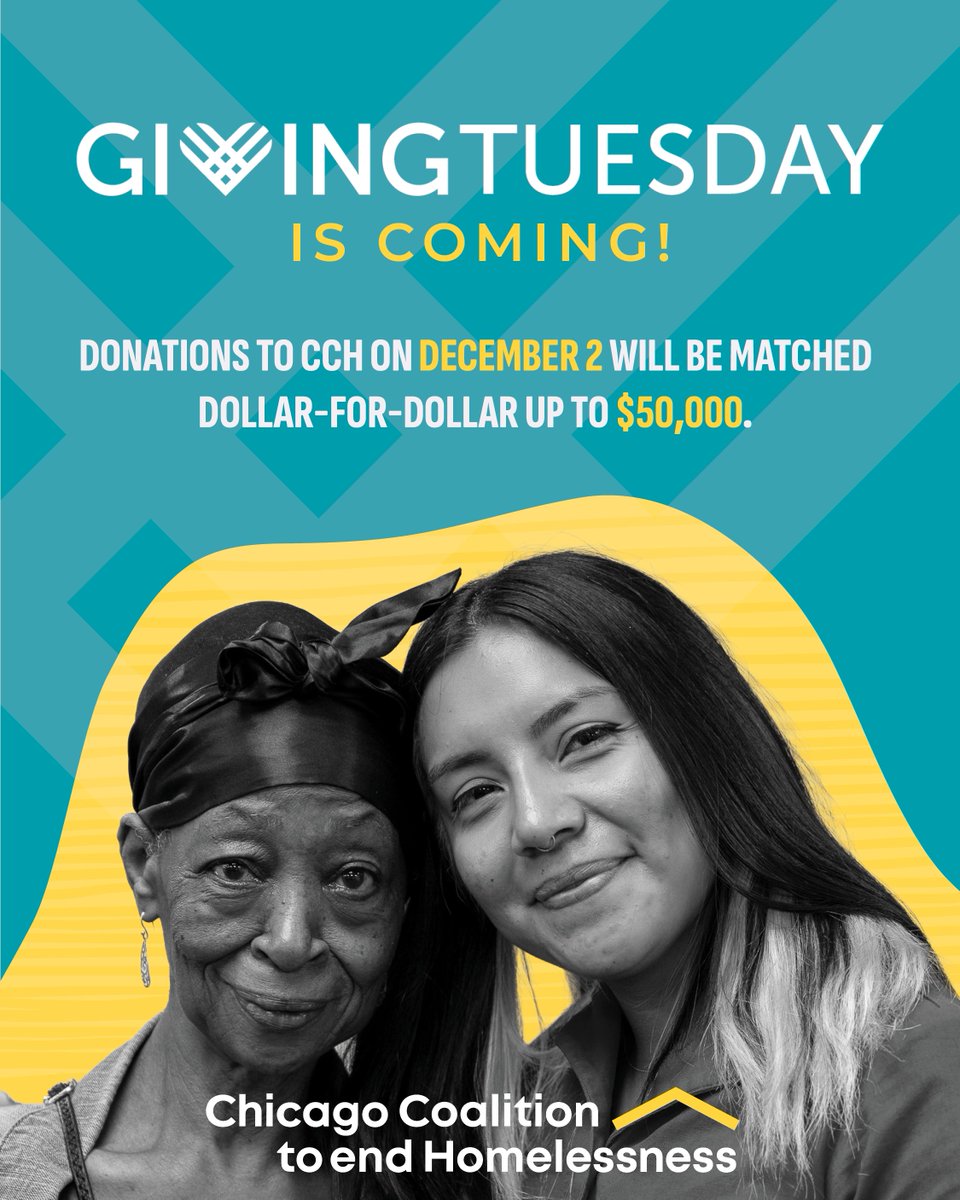 #GivingTuesday is coming! Donations to CCH on December 2 will be matched dollar-for-dollar up to $50,000 total. Double your impact with a gift next Tuesday to support housing as a human right. 🔗 chicagohomeless.org/givingtuesday