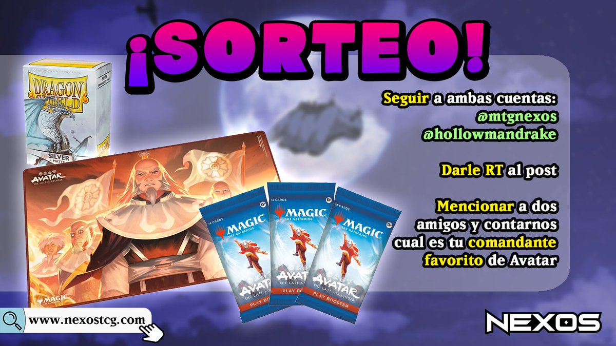 ⭐️¡ATENCIÓN!⭐️

SORTEAMOS:
- 1 Tapete de Iroh, Grand Lotus.
- 3 sobres de Avatar.
- 1 Fundas Dragon Shield Silver.

REQUISITOS:
- Seguirnos a <a href="/mtgnexos/">NEXOS</a> y <a href="/hollowmandrake/">Zurgo's Academy</a> 
- Hacer RT
- Mencionar a 2 amigos y comentar tu comandante favorito de Avatar.

¡El Jueves 4 diremos ganador!