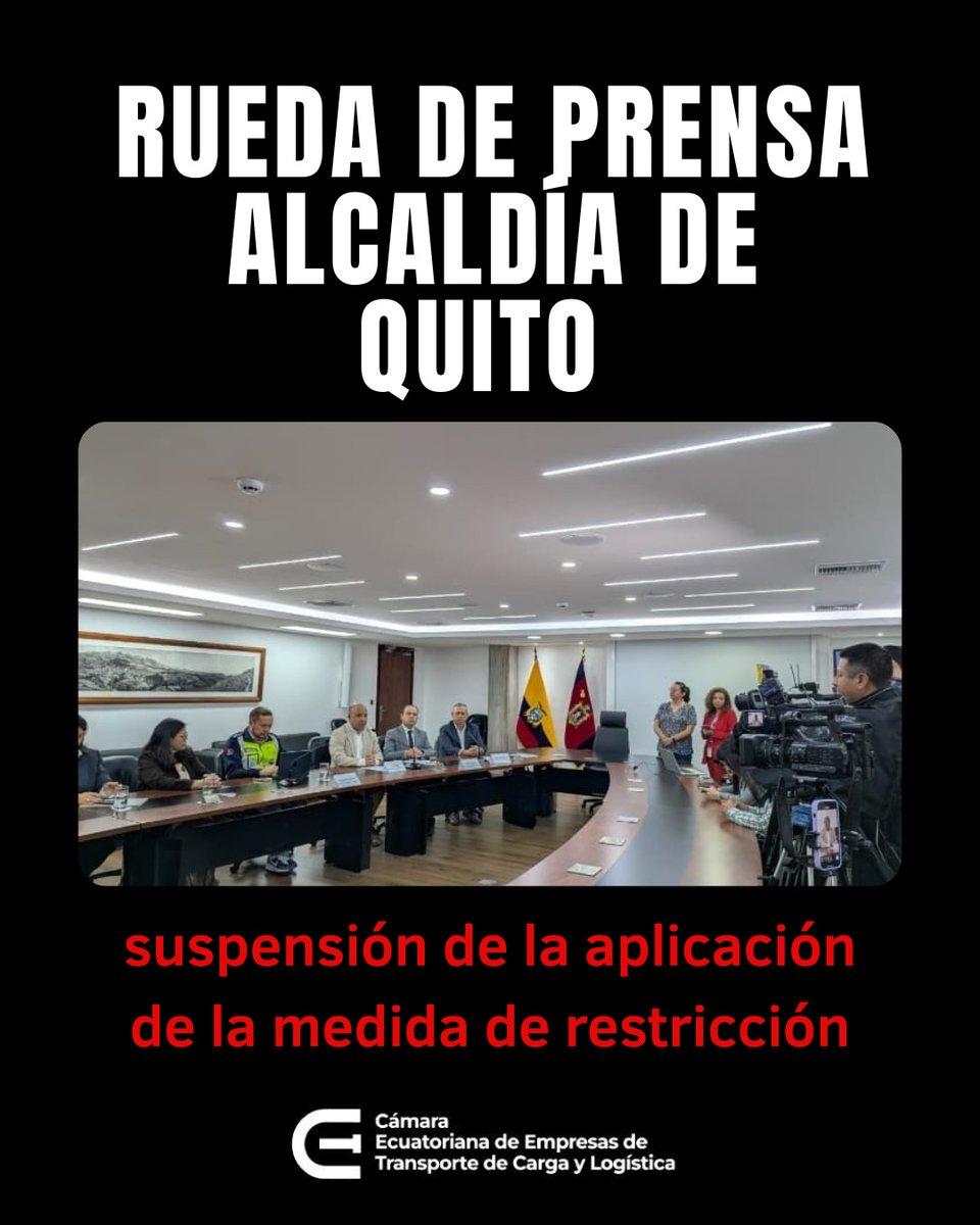 CeetlogisticaEc's tweet photo. Participamos en la rueda de prensa convocada por la Alcaldía de Quito, donde el secretario de Movilidad, PhD. Alex Pérez, anunció el aplazamiento de la restricción de circulación para vehículos de transporte pesado, medida que entrará en vigencia a partir de enero del 2026.
Desde la Cámara Ecuatoriana de Empresas de Transporte de Carga y Logística (CEET) reafirmamos nuestro compromiso con la ciudad y comprometimos nuestro equipo técnico para trabajar en la construcción de un Plan Estratégico de Seguridad Vial, con normas técnicas enfocadas en la Seguridad Vial, para mitigar los accidentes de tránsito relacionados con el transporte de carga.
Reconocemos y valoramos el trabajo impulsado desde la Cámara de Industrias y Producción (CIP), gracias por permitirnos aportar en la construcción de propuestas responsables, sustentadas técnicamente para el manejo de la Seguridad Vial en el Distrito Metropolitano de Quito.
#seguridadenlasvias #transporte #CargaPesada #Quito #CEET #MovilidadSegura

@MunicipioQuito 
@pabelml 
@CamaraCIP 
@AIBE_EC