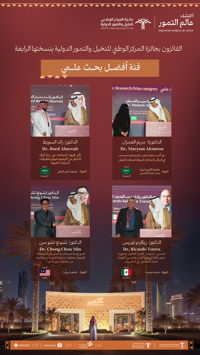 NCPD_SA's tweet photo. معالي وزير البيئة والمياه والزراعة م. عبدالرحمن بن عبدالمحسن الفضلي يُكرّم الفائزين بجائزة #المركز_الوطني_للنخيل_والتمور الدولية عن فئة "أفضل بحث علمي" تقديرًا لإسهاماتهم البحثية التي تُعزز من الابتكار والتطور في قطاع النخيل والتمور، وذلك على هامش أعمال المؤتمر والمعرض الدولي للتمور #عالم_التمور.