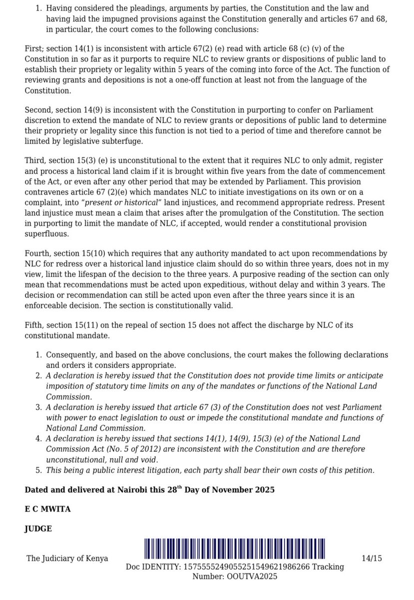 OkiyaOmtatah's tweet image. Victory for the people!

Today, justice has prevailed: the court affirms that the National Land Commission’s mandate to investigate historical and present land injustices cannot be limited by arbitrary timelines. This is a triumph for every Kenyan seeking fairness and protection…