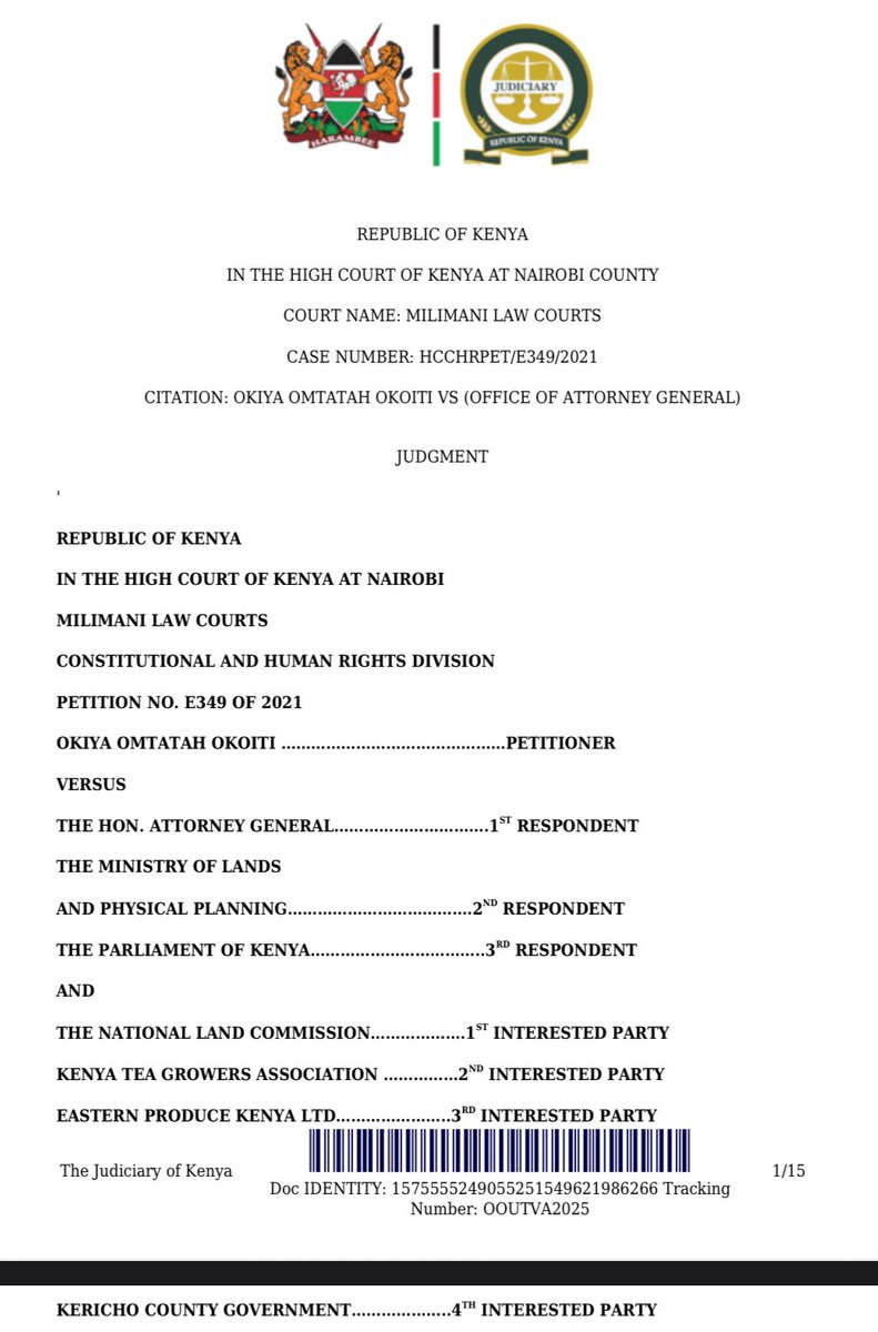 OkiyaOmtatah's tweet image. Victory for the people!

Today, justice has prevailed: the court affirms that the National Land Commission’s mandate to investigate historical and present land injustices cannot be limited by arbitrary timelines. This is a triumph for every Kenyan seeking fairness and protection…