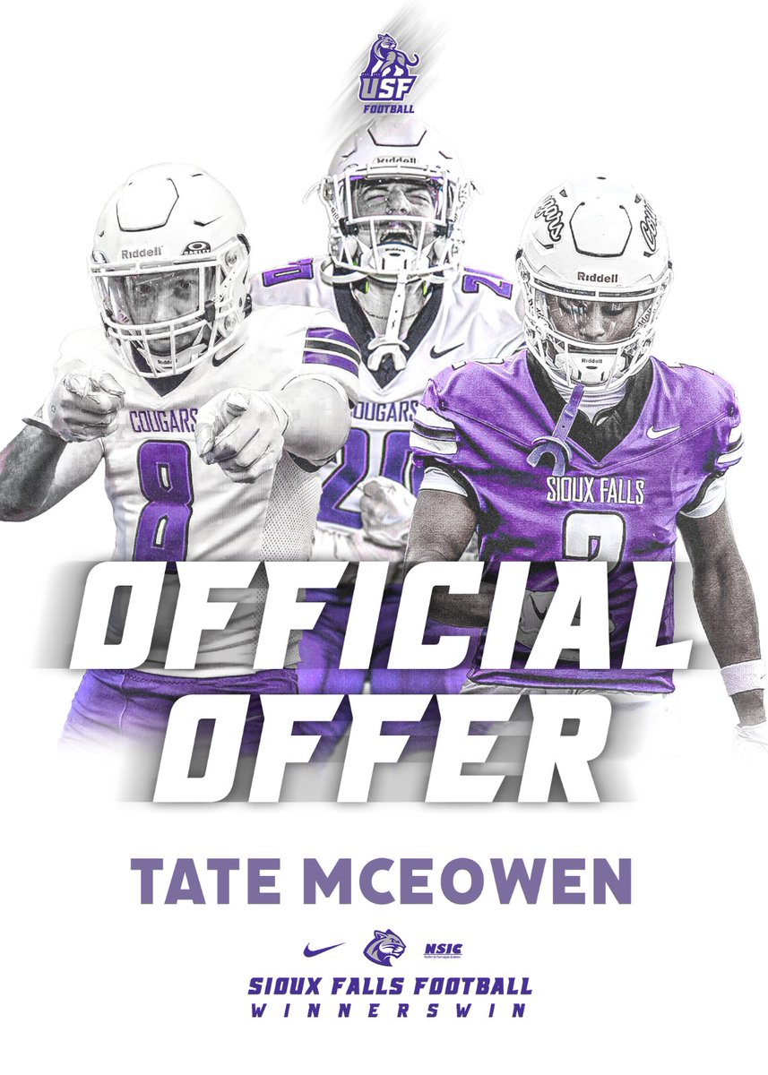 TateMceowen's tweet photo. After a great phone call with @CoachCapUSF I am extremely excited to have received an offer from the University of Sioux Falls!!
@TheLMFootball @USFCougarsFB https://t.co/1rffzbLn2Z