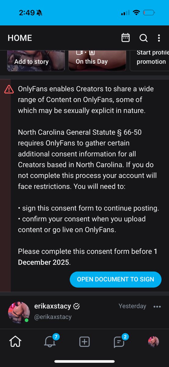 North Carolina only fans creators 
Log in and fill out the form before you face restrictions 
Dec 1 is next week 

Spread the word bc some are on vacation