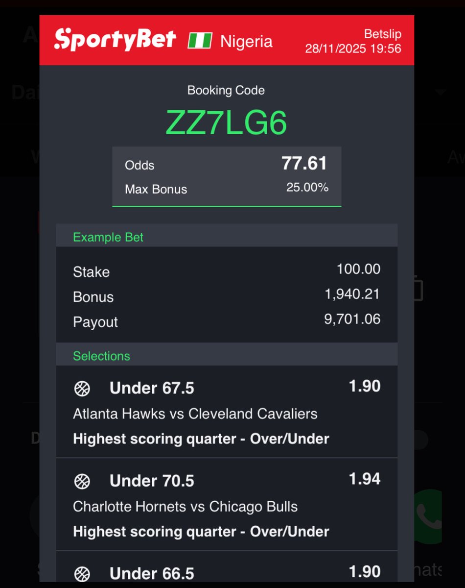 NBA 

JV5S55 , YXQTA4

Don’t play alone , REPOST 🔥

Join my telegram channel t.me/Megaodds_Edits