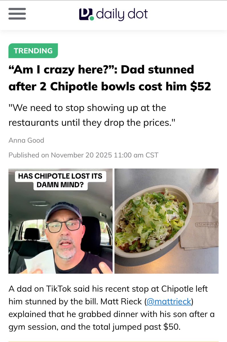 MattRieckTweets's tweet photo. Chipotle and fast food places have lost their minds with these prices. Charging people more for cheap food than sit down restaurants do now. You can now eat at Chilis or BJs for less than Chipotle or McDonald’s. Chipotles executives were on TV whining last week that their stock is down 15% because “Millenials aren’t eating out anymore”. We are eating out, but not with you!

#chipotle #fastfood #mcdonalds #corporategreed #mattrieck