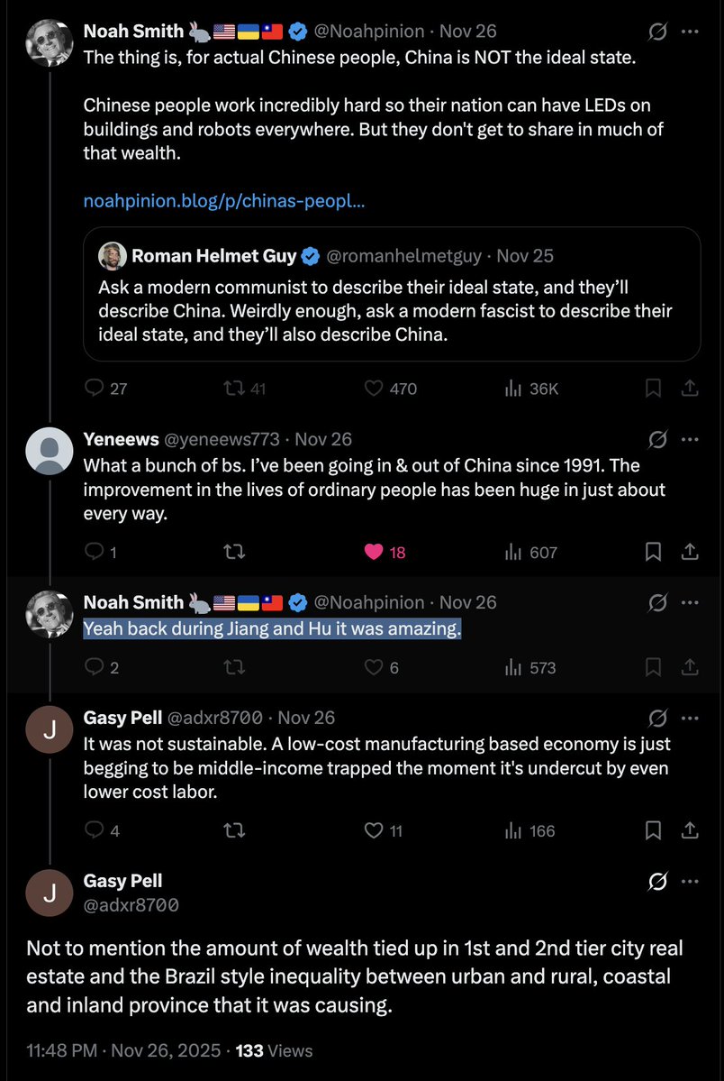 C'est incroyable comme l'ère Jiang et Hu est rétrospectivement glorifiée parce que Xi était un mauvais dirigeant. Je me