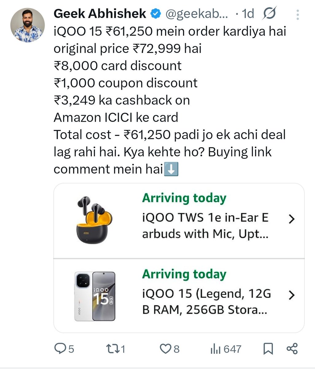 #iQOO15 can be purchased at ₹61,250 ,, 
It's a very good price,,,<a href="/geekabhishek_/">Geek Abhishek</a> bhai ne toh grab bhi kar liya🫣